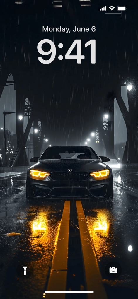 Cone AI Wallpapers 4K & 6К HD - This screenshot showcases a dynamic black car wallpaper on a lock screen, highlighting both the detailed reflections on the wet road and the realistic rain effects.