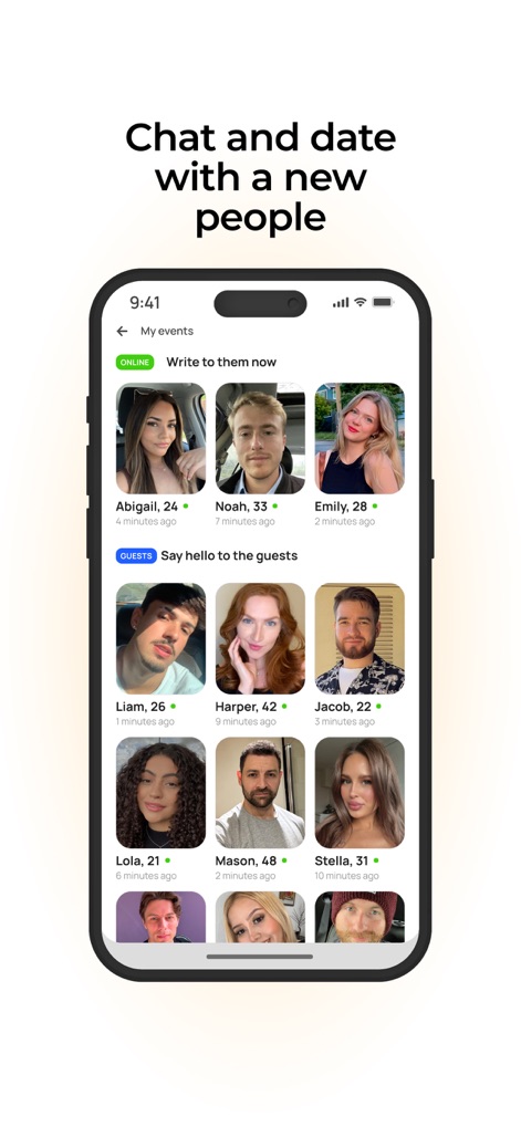 Dating and Chat - Evermatch - Explore the comprehensive grid of active user profiles, each indicating "Online" status and managed within the organized "My events" section.