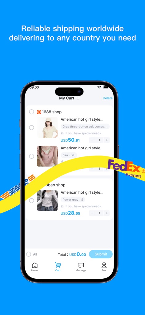 Hipobuy - Le panier unifié affiche les articles de diverses boutiques avec leurs prix en USD, et les options d'expédition mondiale par des partenaires comme FedEx sont clairement indiquées.