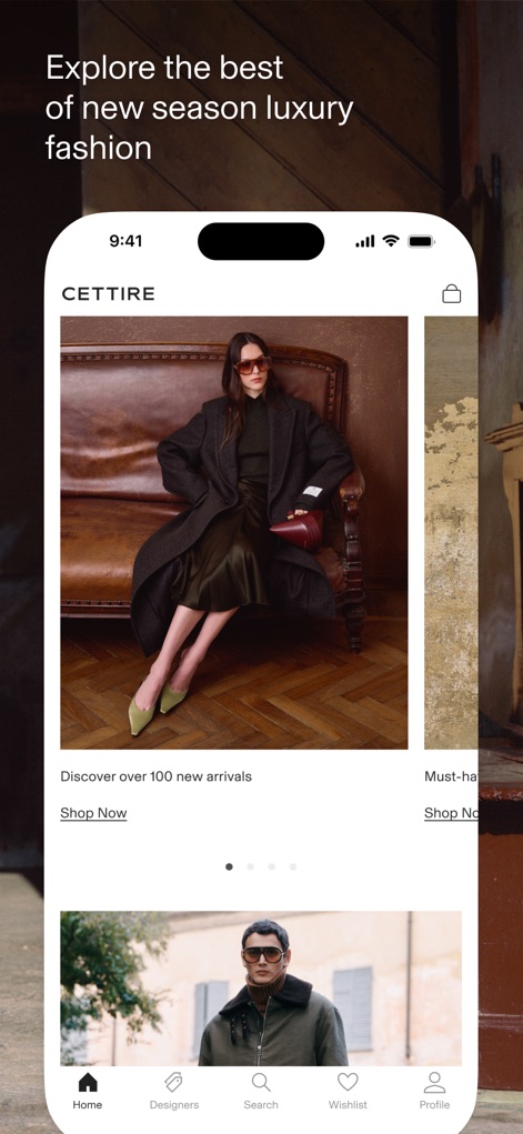 CETTIRE - La interfaz principal invita a explorar la moda de lujo con una destacada imagen de modelo y una sección clara para "Descubrir más de 100 nuevas llegadas" que facilitan la navegación.