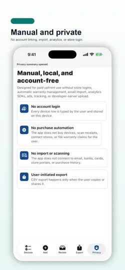 Capture d'écran de Device Purchase Ledger sur iPhone 5