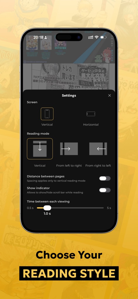 Manga Reader King - O aplicativo oferece flexibilidade com o 'Reading mode', permitindo que os usuários escolham entre visualização 'Vertical' ou 'From left to right', ajustando-se às suas preferências de leitura.