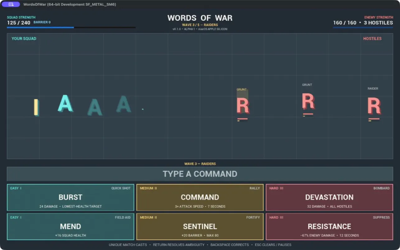 Words of War battlefield with letter units, shared command words and squad information