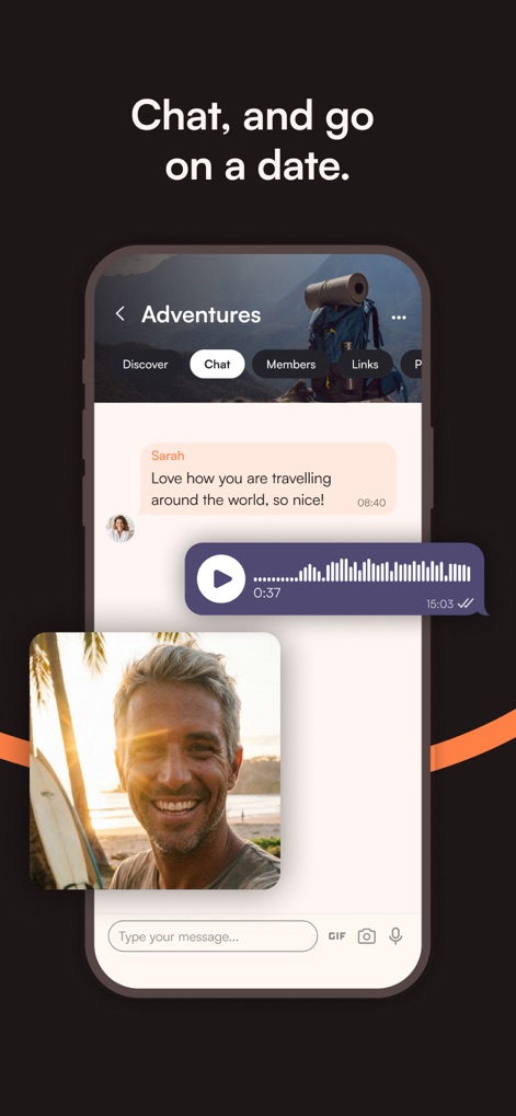 Jaumo Dating App: Flirt & Chat - The app facilitates dynamic communication, featuring visual voice message waveforms and interactive text chat bubbles from 'Sarah' to encourage genuine dialogue.