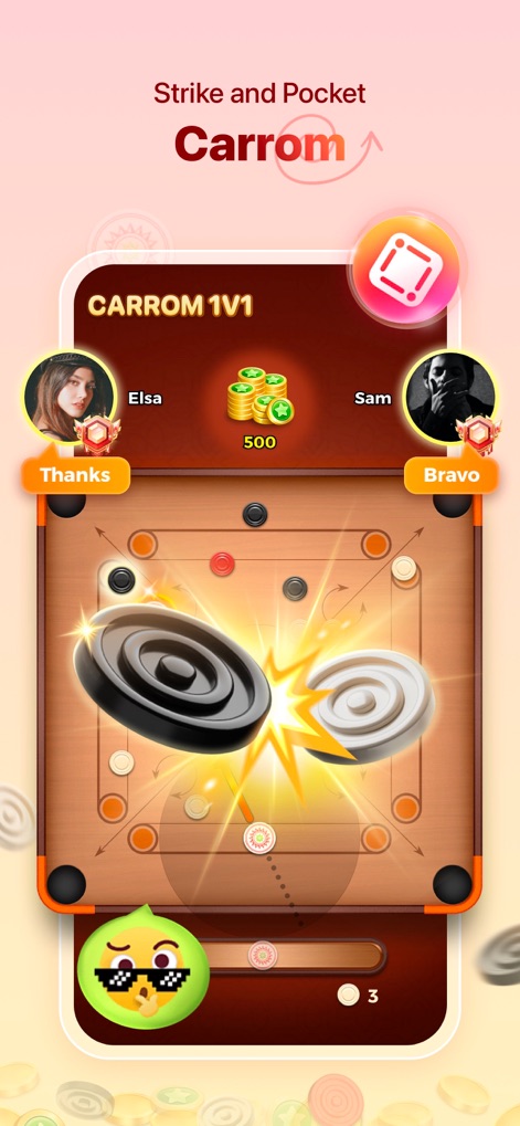 Yalla - Play Game & Voice Chat - Experience intense 1v1 Carrom matches, displaying the polished game board and clear player profiles with score indications.