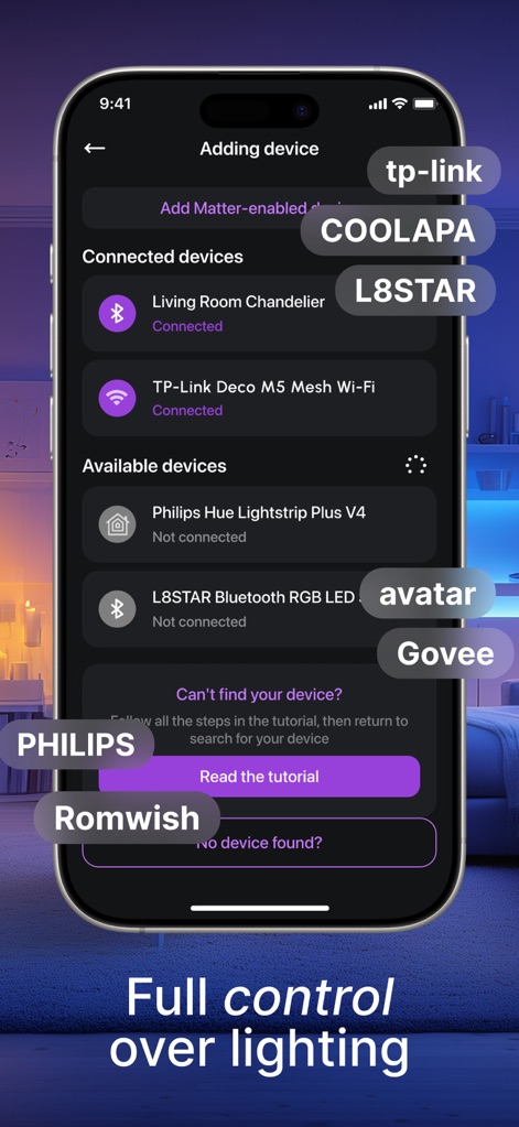 LED light controller LED lamp - La herramienta demuestra una amplia compatibilidad con marcas como Philips Hue y TP-Link, facilitando la gestión de dispositivos conectados y disponibles para una integración sin problemas.
