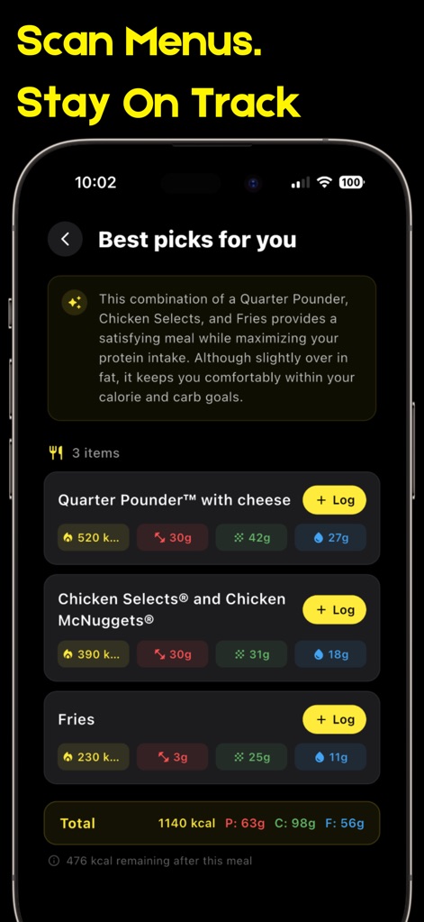 Cal Plus - AI Calorie Tracker - The app provides instant analysis of restaurant menu items, showcasing individual calorie and macronutrient counts for informed choices.