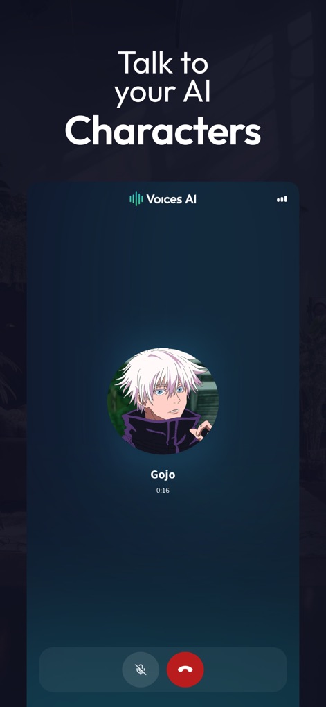 Voices AI: Change Your Voice - L'application introduit la possibilité d'interagir avec des personnages IA, illustrée par une interface d'appel vidéo montrant l'avatar de 'Gojo', accompagnée des contrôles d'appel pour une expérience immersive.