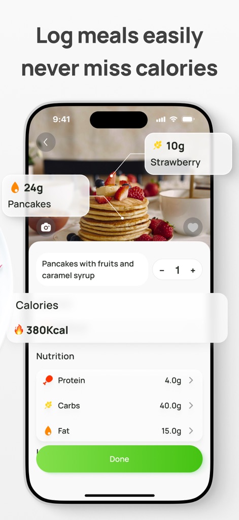 AI Calorie Counter & Meal Plan - This screen highlights the ease of logging meals with adjustable quantities via the '+/-' button, and provides a clear 'Nutrition' breakdown for Protein, Carbs, and Fat.