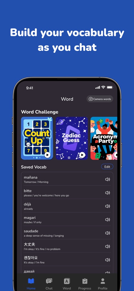 Voca AI - Learning a language - O aplicativo facilita a expansão do vocabulário através de desafios de vocabulário gamificados e permite que os usuários salvem palavras novas em uma lista de vocabulário personalizada.