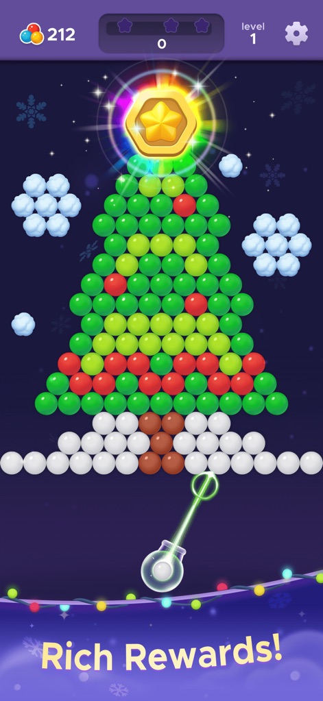 Bubble Relax: Pop Shooter - This image showcases the gleaming star reward medal and the festive Christmas tree bubble pattern, highlighting the app's rich incentives.