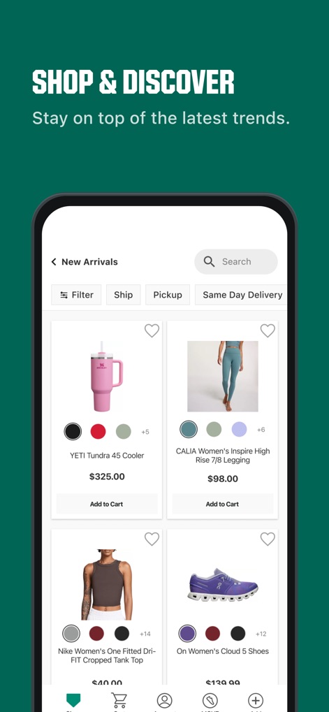 DICK’S Sporting Goods - This interface highlights "New Arrivals" for trending products and offers versatile fulfillment methods like "Same Day Delivery" and "Pickup".