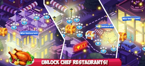 Cooking Mastery: Kitchen Games - Los usuarios navegan por un mapa vibrante con múltiples restaurantes bloqueados y desbloqueados, indicado por niveles numerados y cofres de recompensa, invitándolos a explorar nuevas ubicaciones.