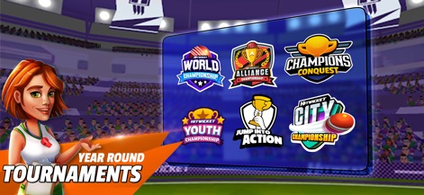 HITWICKET Cricket Game 2026 - Engage in a year-round competitive circuit featuring various championship logos, including the 'World Championship' and 'City Championship,' all set against a vibrant stadium backdrop.