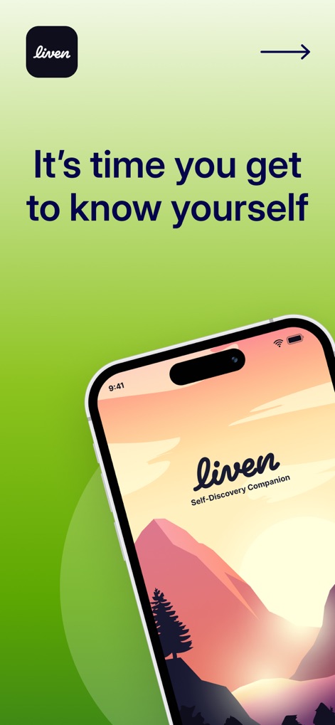 Liven: Discover yourself - This initial screen showcases the app's clean design and the central brand message, inviting users into their self-discovery journey, with the 'liven Self-Discovery Companion' text prominently displayed and the overarching 'It's time you get to know yourself' tagline.