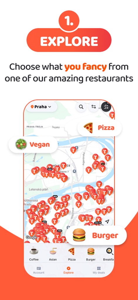 TasteTown - Os usuários podem explorar a cidade através de um mapa interativo, que destaca restaurantes por tipo de cozinha com ícones como 'Pizza' e 'Vegan', simplificando a descoberta de novos lugares para comer.