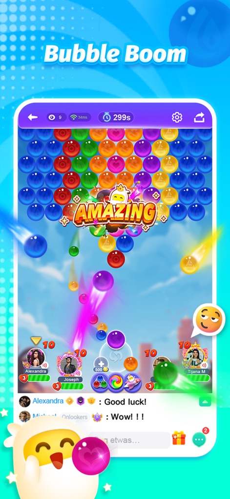 TopTop: Games & Party - La pantalla muestra el dinámico juego "Bubble Boom" con sus explosiones coloridas y burbujas esparcidas, mientras que los avatares de los jugadores y el chat en tiempo real enfatizan la interacción social.
