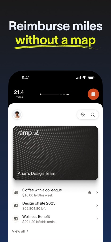 Ramp - 이 도구는 사용자의 주행 거리(21.4마일)를 정확하게 표시하고, 법인 카드 정보와 최근 지출 목록을 통해 간편하게 경비를 관리할 수 있도록 지원합니다.