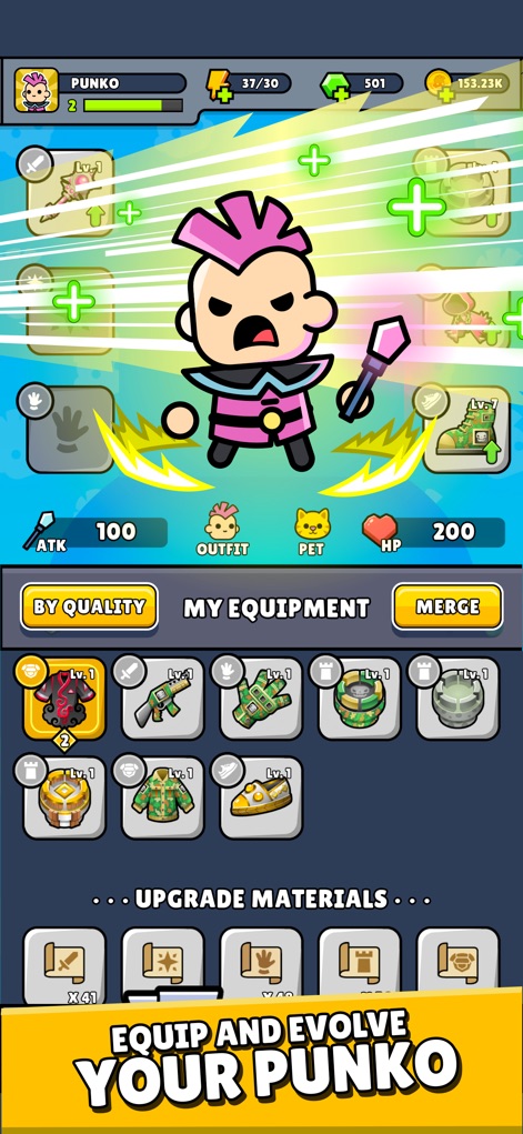 Punko: Tower Defense - この画面では、プレイヤーは中央のパンコヒーローの装備をカスタマイズし、攻撃力や体力などのステータスを強化できます。画面下部には、収集した様々な装備アイテムが表示されており、キャラクターの成長要素を示唆しています。