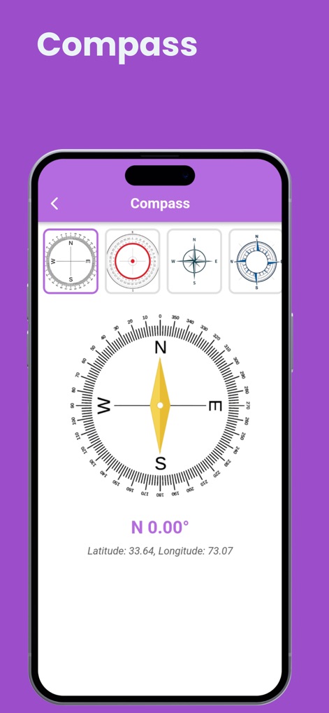 Live Satellite View & GPS Maps - The app provides a reliable compass, indicating 'N 0.00°' and displaying various compass styles for precise directional awareness.