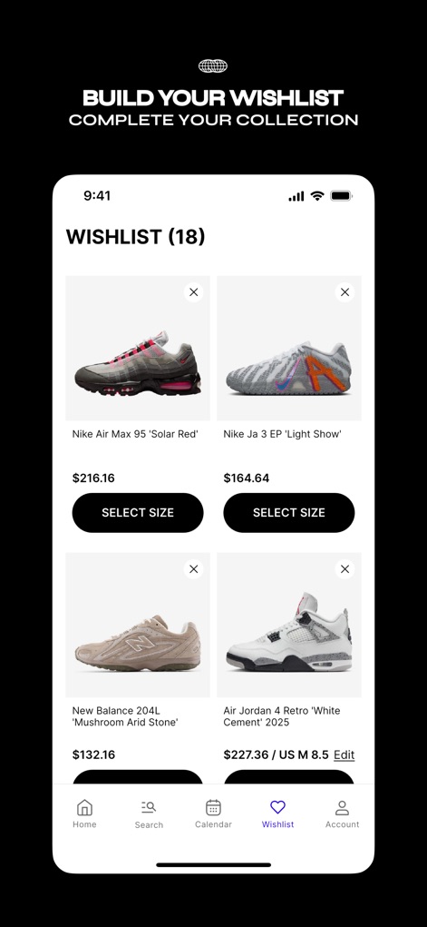 KICKS CREW: Shoes & Apparel - Users can effortlessly curate their desired collection by adding multiple items to their wishlist, each displaying its price and a convenient 'SELECT SIZE' button.