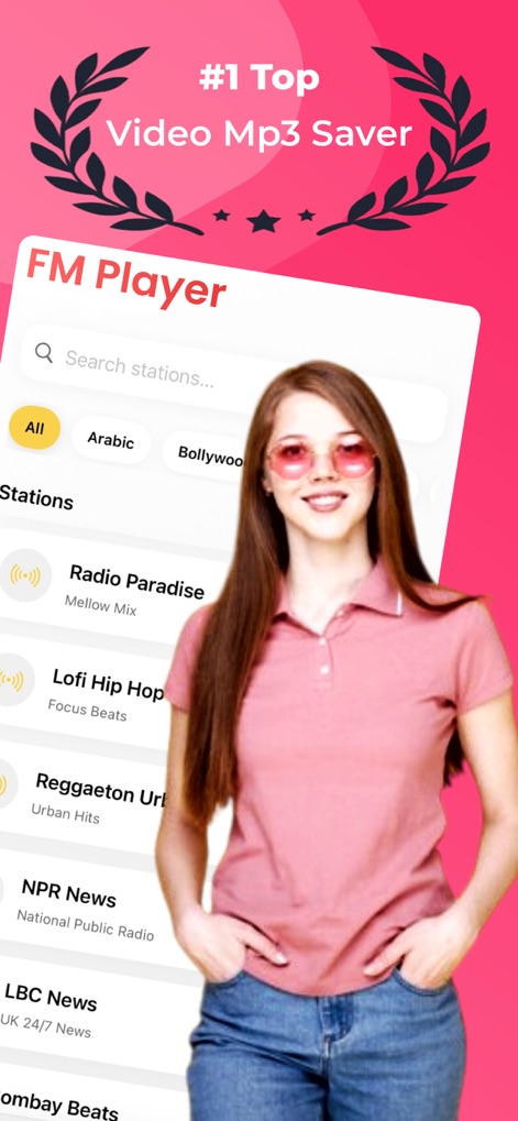 Tubidy Fm : Offline MP3 Player - Experience diverse FM channels organized into categories like "Arabic" and "Bollywood," alongside a quick search bar to find preferred stations.