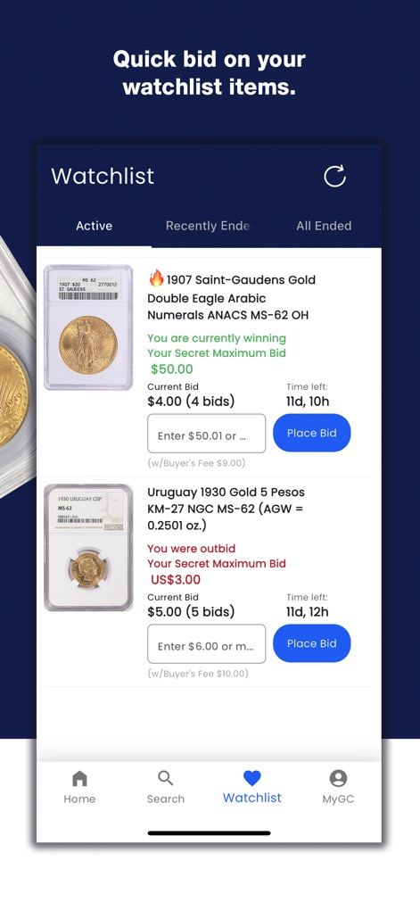 GreatCollections - 관심 목록 화면에서는 입찰 상황과 남은 시간을 한눈에 보여주며, 사용자가 현재 이기고 있는 품목과 입찰에 실패한 품목을 쉽게 추적할 수 있도록 돕습니다.