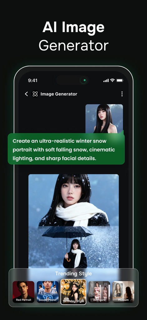 ChatGO: AI Chat 5.0 Assistant - Esta herramienta permite generar imágenes con IA a partir de descripciones de texto, como se ve en la solicitud de un retrato invernal ultra-realista, con opciones de estilos de tendencia en la parte inferior.