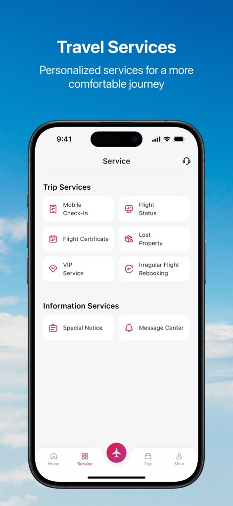 Hong Kong Airlines - This section organizes essential "Trip Services" like Mobile Check-in and provides vital "Information Services" via the Message Center, enhancing user convenience.