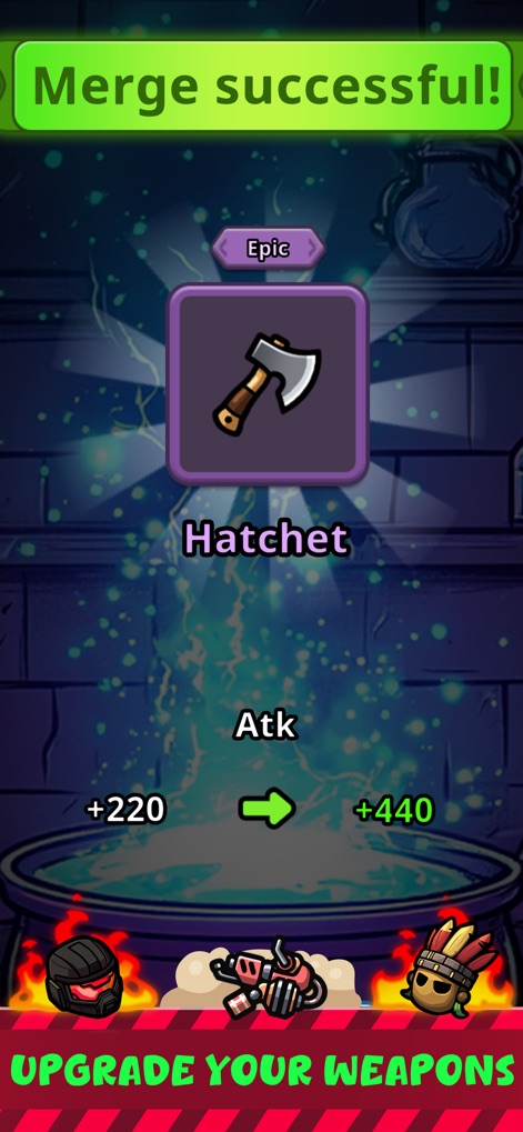 Zombie Fortress: Trap Defense - Discover the powerful weapon merging system that allows users to combine identical items and significantly boost combat stats like the Hatchet's attack power.