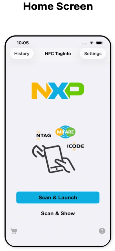 NFC TagInfo by NXP - Discover the app's core functions with prominent "Scan & Launch" and "Scan & Show" options, offering quick access to NFC tag interactions.