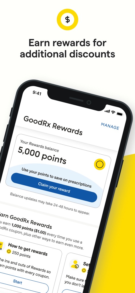 GoodRx: Prescription Savings - The app integrates a loyalty program where users earn "GoodRx Rewards" points, displayed prominently with their current balance and options to claim or use them for further discounts.