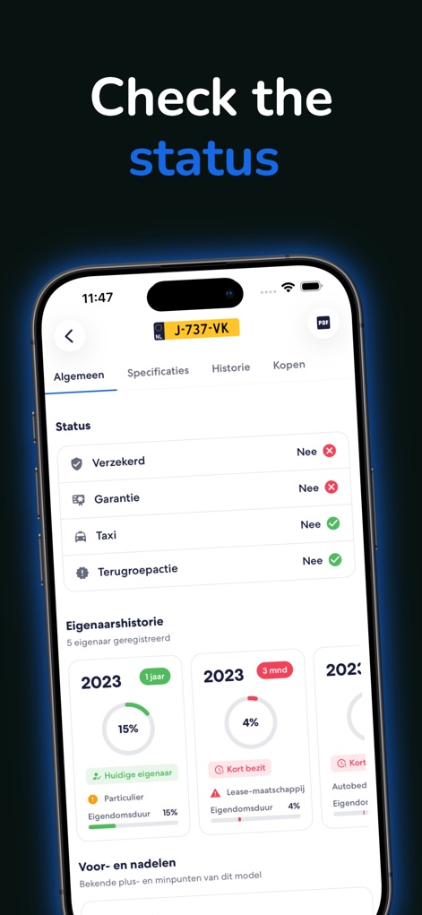 Qenteken - Kenteken Check - The app offers a clear overview of the vehicle's current status, such as warranty details, and visualizes ownership duration and changes over time.
