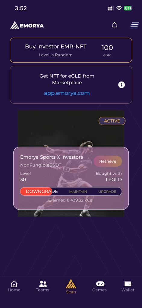 Emorya - ユーザーは「投資家向けEMR-NFTの購入オプション」を利用でき、「所有するNFTのレベルやステータス」を詳細に管理できます。