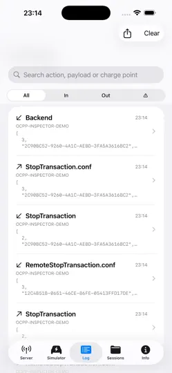 Screenshot von OCPP Inspector auf dem iPhone 2