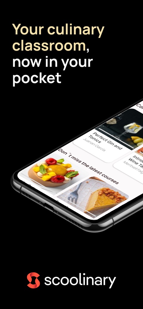 Scoolinary: Cook Online - Explore the intuitive mobile interface, showcasing featured course cards and the app's accessible design for on-the-go learning.