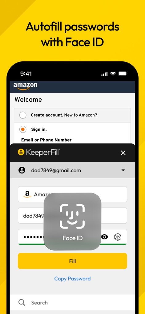 Keeper Password Manager - Die Abbildung verdeutlicht das nahtlose automatische Ausfüllen von Anmeldeinformationen via KeeperFill, wobei die Authentifizierung sicher per Face ID erfolgt.