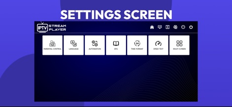 IPTV Stream Player - Die umfangreichen Konfigurationsmöglichkeiten der App, darunter "PARENTAL CONTROL" und "LANGUAGE", werden übersichtlich dargestellt und durch fortschrittliche Funktionen wie "SPEED TEST" und "MULTI SCREEN" ergänzt.