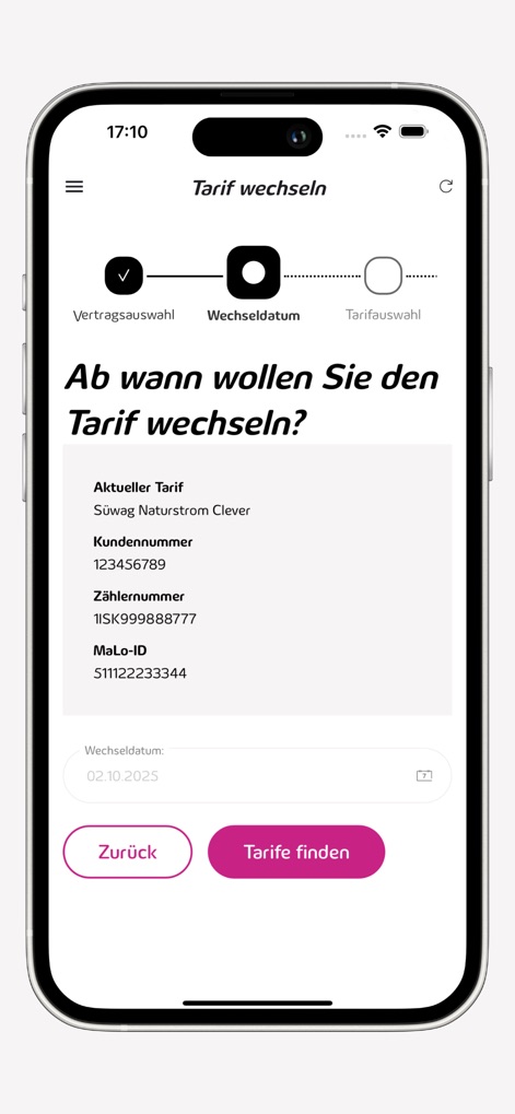 Meine Süwag - The app simplifies tariff changes by displaying current contract details and providing a clear date picker for the desired switch, supported by a progress bar.