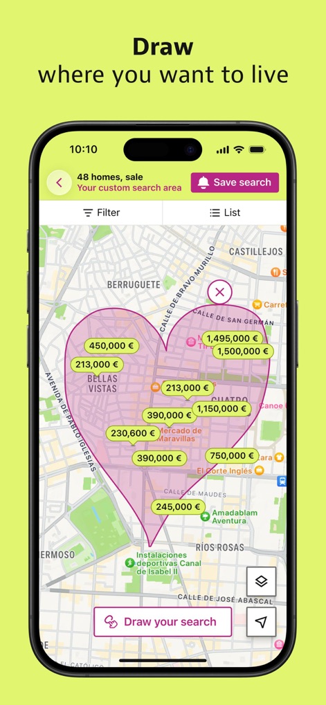 idealista - Users can precisely define their desired location by drawing directly on the map, instantly visualizing property listings and their prices within the custom-shaped search zone.