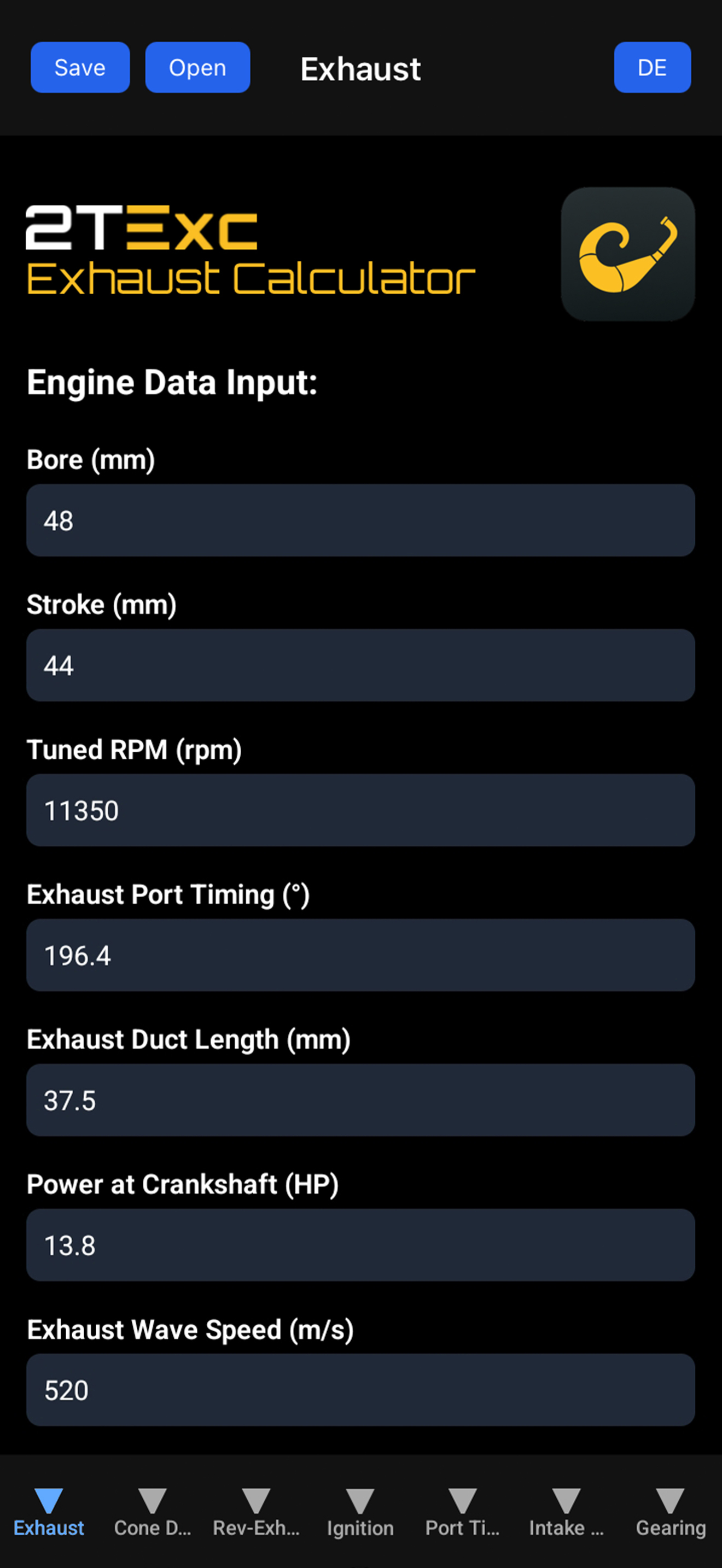 2TExc - 2T Exhaust Calculator