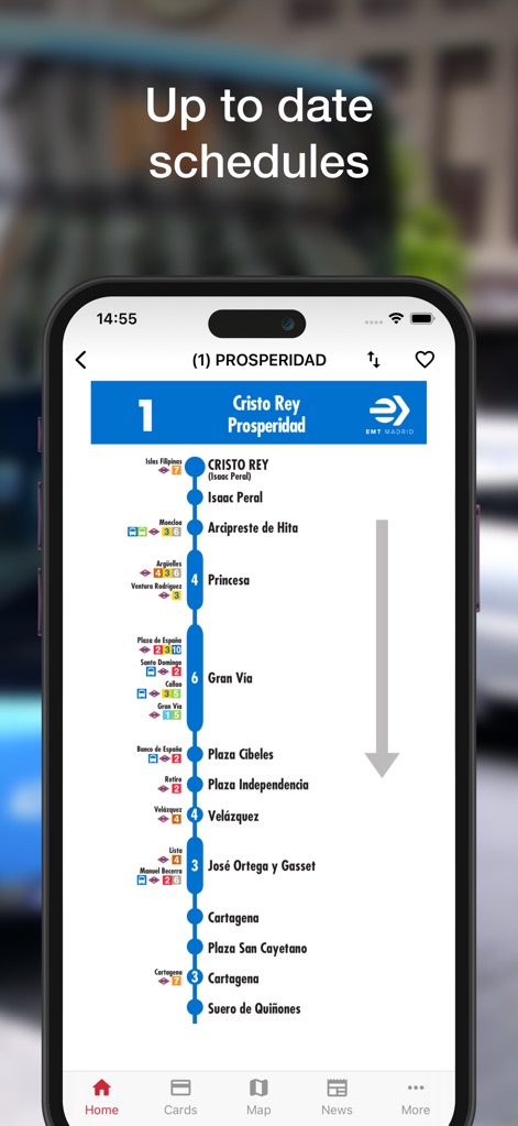Madrid Transport - TTP - This tool provides users with up-to-date, precise schedules for individual routes, detailing each stop and its sequence along the path.
