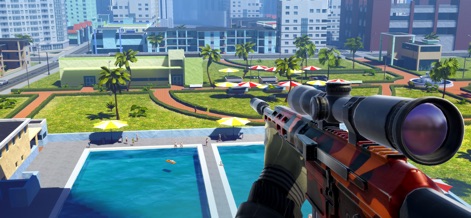 Grand Sniper: 3D Shooting Game - The strategic vantage point overlooks a vibrant city resort, featuring multiple swimming pools and lush green landscaping.