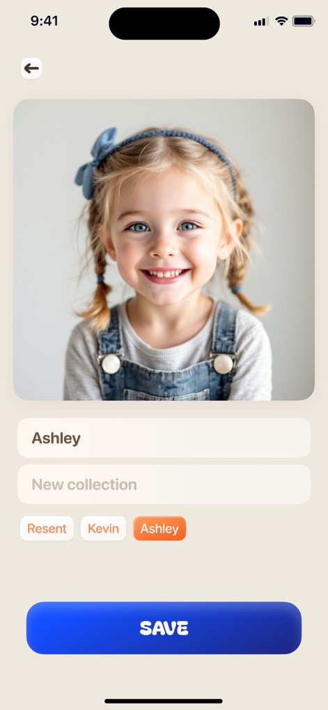 Future Baby Generator・AI Face - Les utilisateurs peuvent nommer le bébé généré, par exemple "Ashley", et l'ajouter à une "New collection" pour une gestion personnalisée.