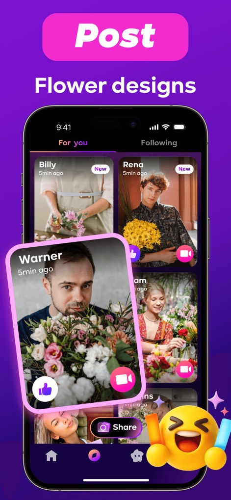 Florra：Video，Chat Fun - ユーザーは自分の美しいフローラルデザインを投稿でき、各投稿には「いいね」や「共有機能」などのインタラクションオプションが含まれています。