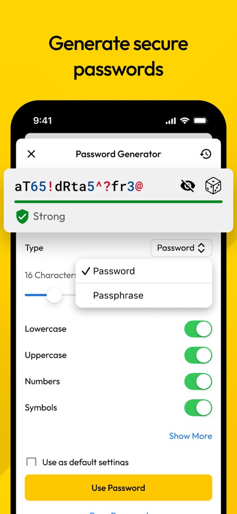 Keeper Password Manager - Diese Ansicht zeigt den leistungsstarken Passwort-Generator der App, der ein komplexes Passwort erstellt und flexible Optionen zur Anpassung von Zeichenarten wie Klein- und Großbuchstaben bietet.