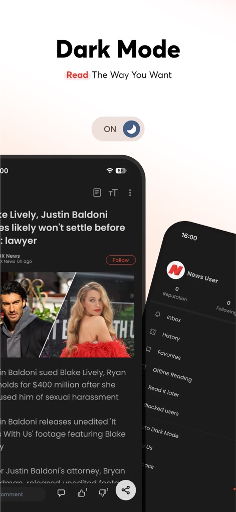 Opera News: Breaking & Local - Observe the seamless transition to the app's "Dark Mode," providing a comfortable reading experience with a visually appealing "dark theme" for articles.