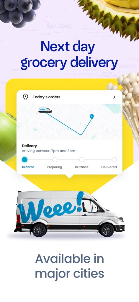 Weee! #1 Asian Grocery App - Visualize the efficient logistics through the real-time 'Today's orders' tracking map and the dedicated 'Weee!' delivery truck ensuring prompt arrivals.