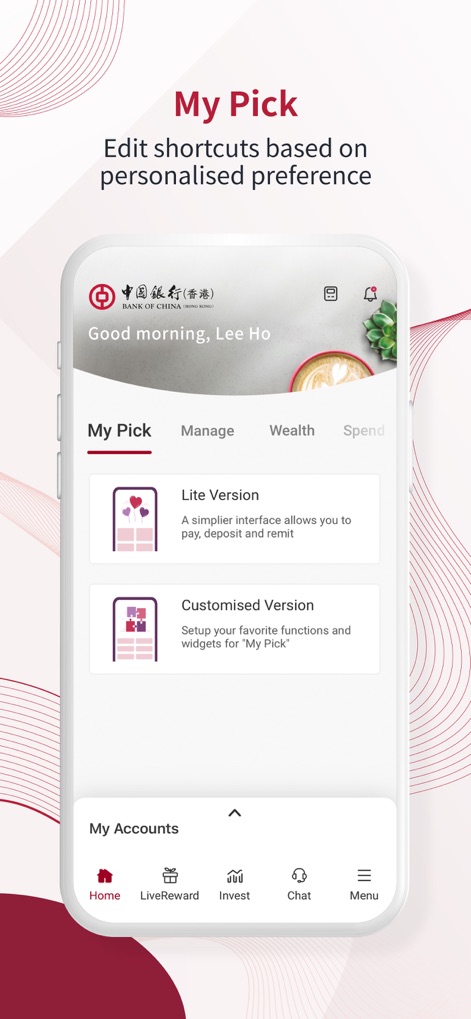 BOCHK 中銀香港 - Users can customize their banking interface through 'My Pick', offering options like a simplified 'Lite Version' or a fully 'Customised Version' for preferred functions.