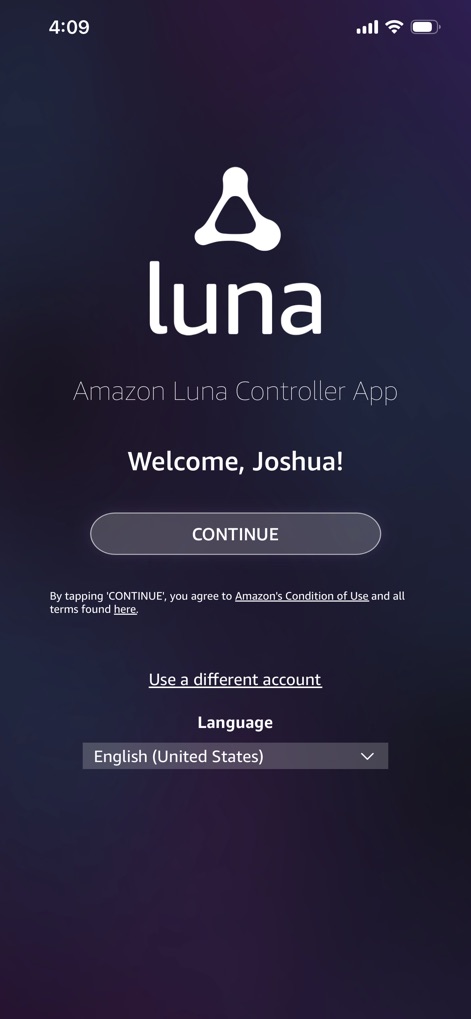 Luna Controller - L'app accoglie l'utente con un messaggio personalizzato ("Welcome, Joshua!") e permette di continuare o di selezionare una lingua diversa, evidenziando il dropdown per la scelta della lingua.